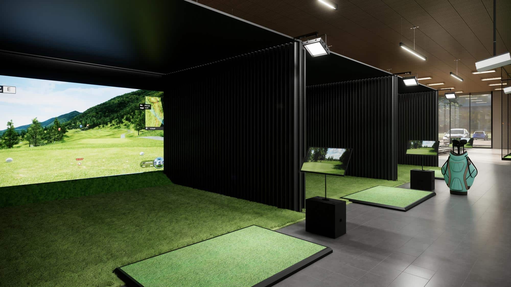 eine golf indoorhaale mit verschiedenen plätzen, kunstrasen und bildschirmen sowie leinwänden