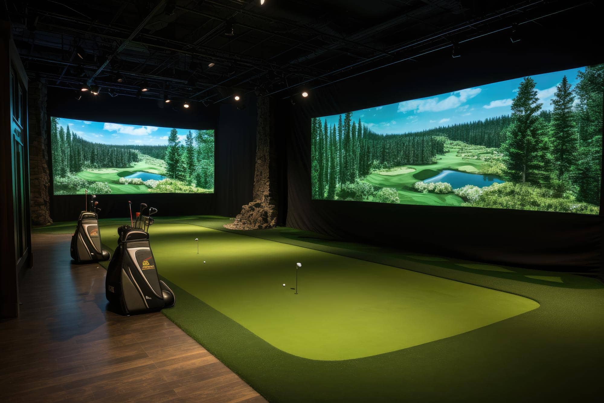 eine indoor golfhalle mit 2 bildschirmen und kunstrasen