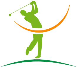 golfschule sahm logo mit einem grünen golfspieler und orangenen schwung