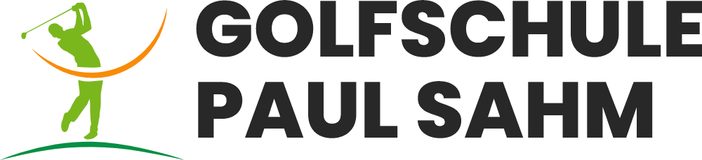 logo golfschule sahm mit einem grünen golfspieler, orangenen schwung und weißenschriftzug golfschule paul sahm