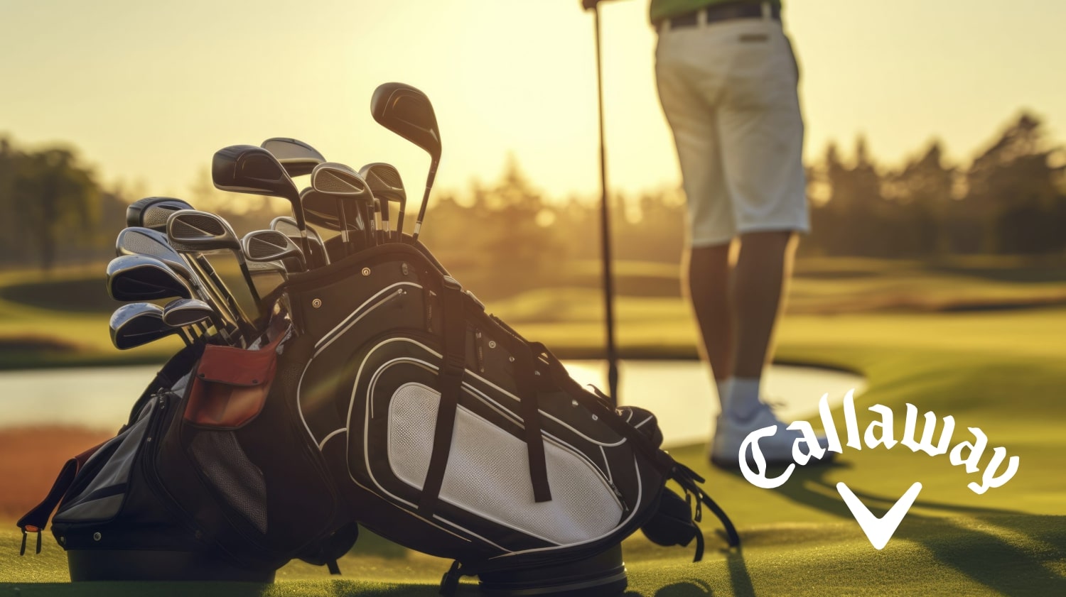 logo callaway in weiß auf einem bild wo ein mann auf einem golfplatz golf spielt